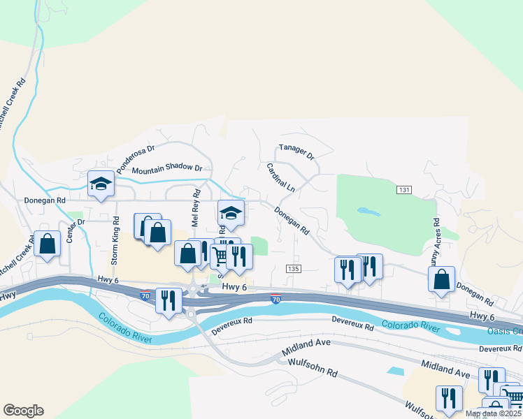 map of restaurants, bars, coffee shops, grocery stores, and more near 877 Donegan Road in Glenwood Springs