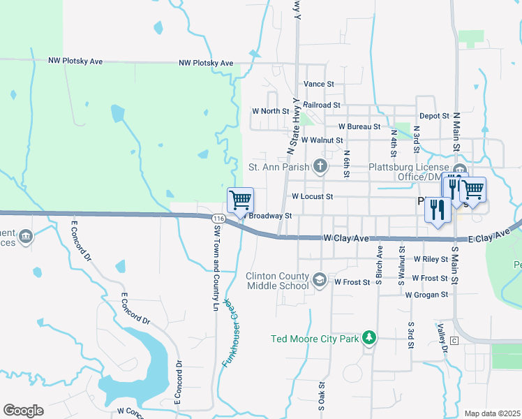 map of restaurants, bars, coffee shops, grocery stores, and more near 100 Redbird Street in Plattsburg