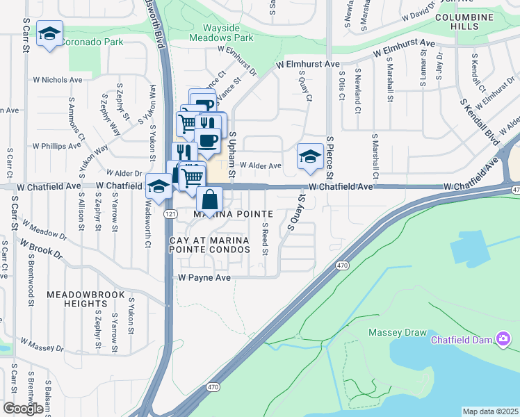 map of restaurants, bars, coffee shops, grocery stores, and more near 8347 South Reed Street in Littleton
