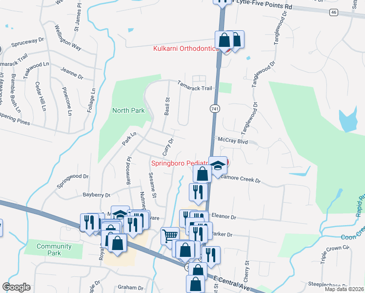 map of restaurants, bars, coffee shops, grocery stores, and more near 95 Allspice Court in Springboro