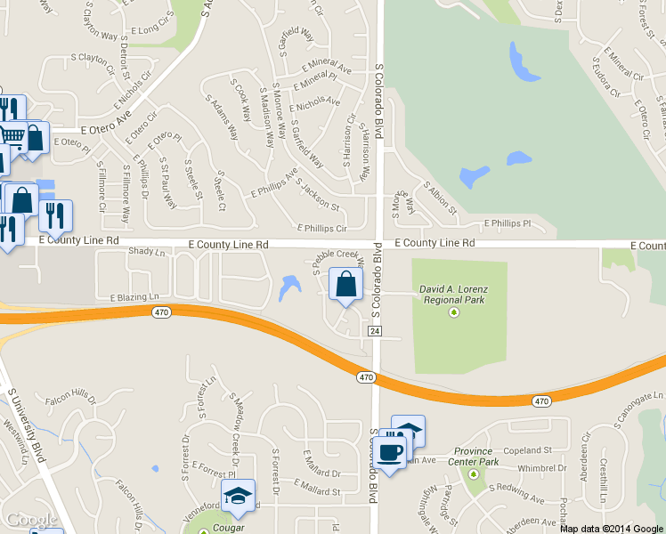 map of restaurants, bars, coffee shops, grocery stores, and more near 8358 Pebble Creek Way in Littleton