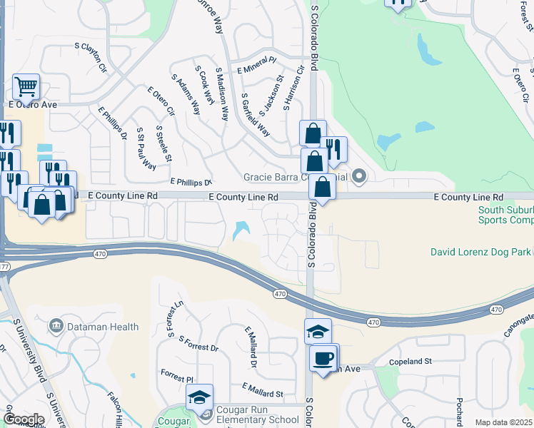 map of restaurants, bars, coffee shops, grocery stores, and more near 8358 Pebble Creek Way in Littleton