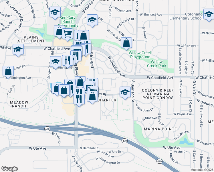 map of restaurants, bars, coffee shops, grocery stores, and more near 8329 South Independence Circle in Littleton