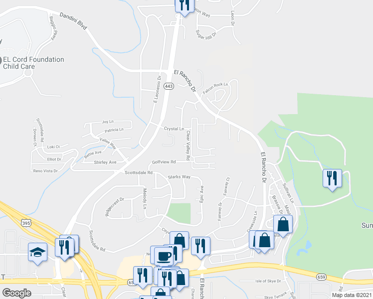 map of restaurants, bars, coffee shops, grocery stores, and more near 3937 Clear Acre Lane in Reno
