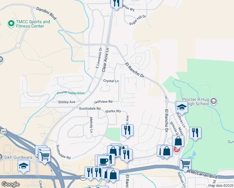 map of restaurants, bars, coffee shops, grocery stores, and more near 3937 Clear Acre Lane in Reno