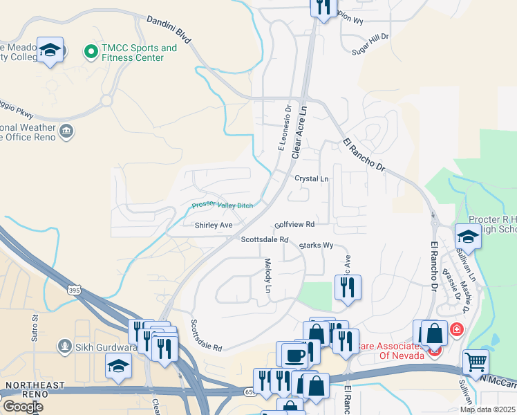 map of restaurants, bars, coffee shops, grocery stores, and more near 3810 East Leonesio Drive in Reno