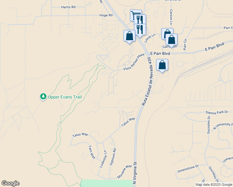 map of restaurants, bars, coffee shops, grocery stores, and more near 4076 Anthony James Court in Reno
