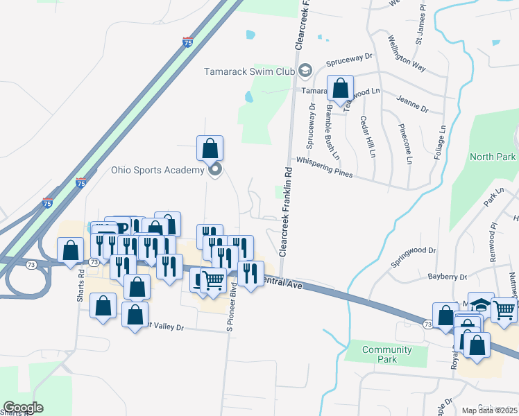 map of restaurants, bars, coffee shops, grocery stores, and more near 4380 Woodhill Drive in Springboro