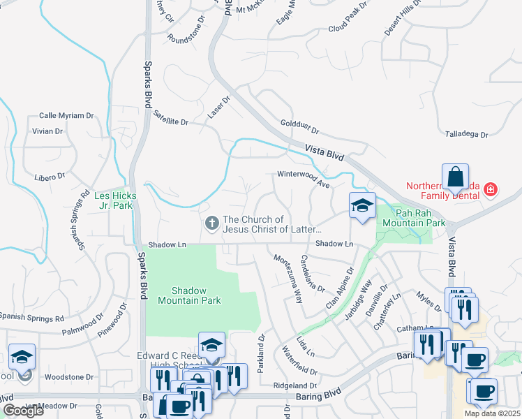map of restaurants, bars, coffee shops, grocery stores, and more near 3614 Willowdale Drive in Sparks