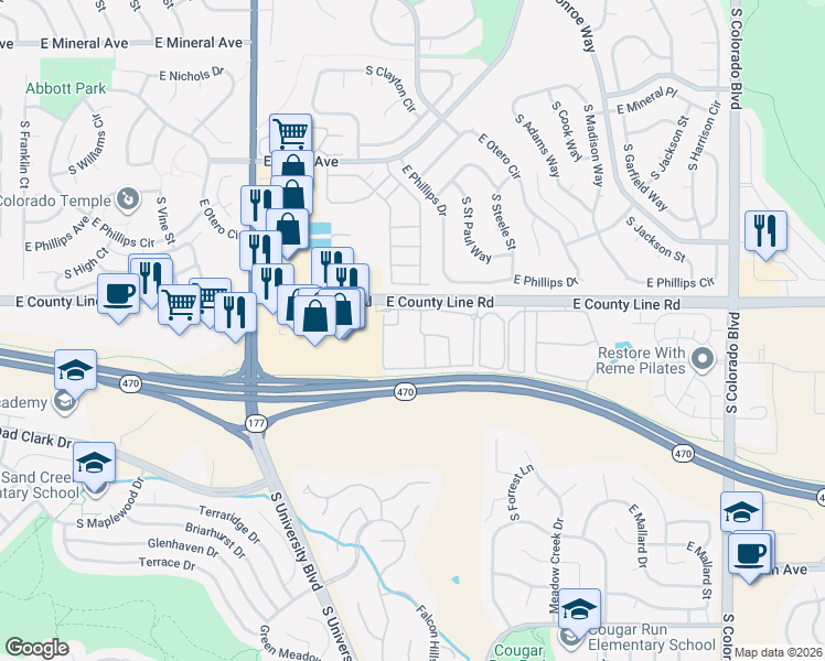 map of restaurants, bars, coffee shops, grocery stores, and more near 8305 South Harvest Lane in Highlands Ranch