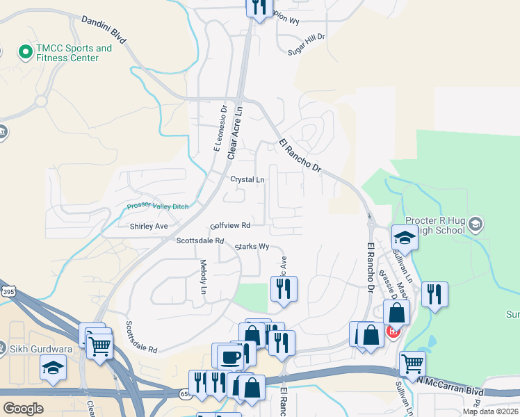 map of restaurants, bars, coffee shops, grocery stores, and more near 3937 Clear Acre Lane in Reno