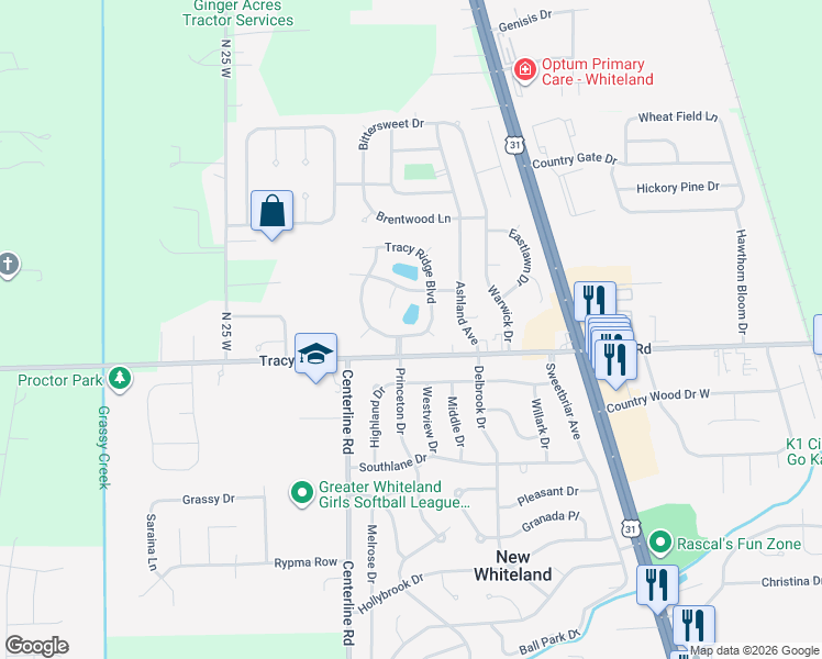 map of restaurants, bars, coffee shops, grocery stores, and more near 151 Tracy Ridge Boulevard in Whiteland