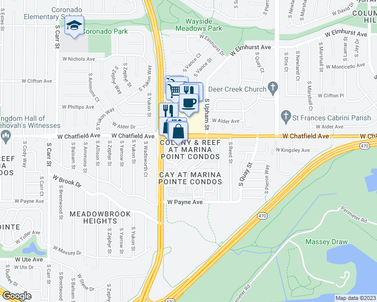 map of restaurants, bars, coffee shops, grocery stores, and more near 8347 South Upham Way in Littleton