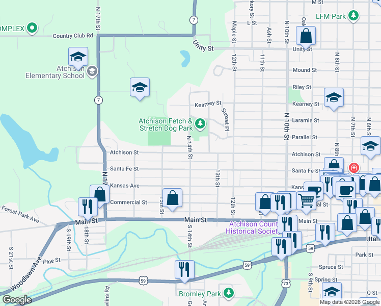 map of restaurants, bars, coffee shops, grocery stores, and more near 1399 Atchison St in Atchison