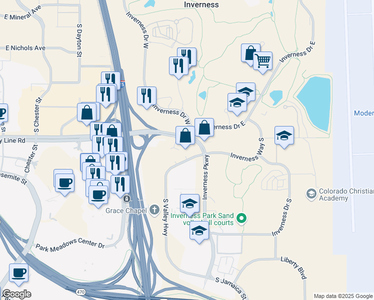 map of restaurants, bars, coffee shops, grocery stores, and more near 400 Inverness Parkway in Englewood