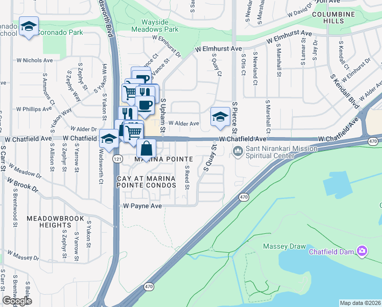 map of restaurants, bars, coffee shops, grocery stores, and more near 8326 South Reed Street in Littleton