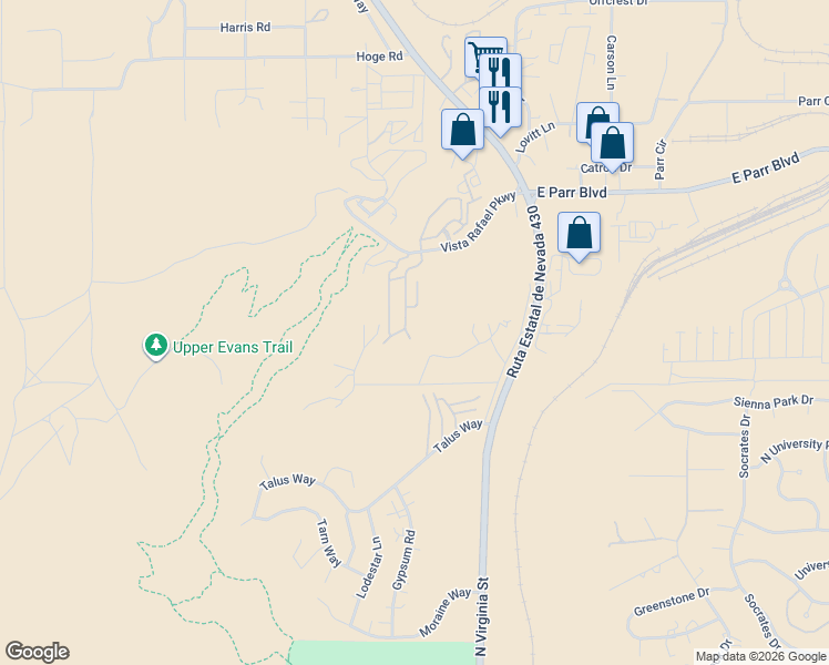 map of restaurants, bars, coffee shops, grocery stores, and more near 4076 Anthony James Court in Reno