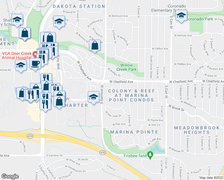 map of restaurants, bars, coffee shops, grocery stores, and more near 8350 South Flower Way in Littleton