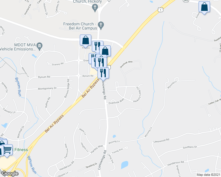 map of restaurants, bars, coffee shops, grocery stores, and more near 614 Emmy Dee Drive in Bel Air