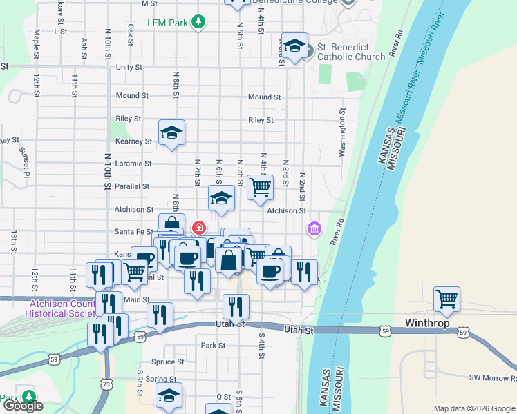 map of restaurants, bars, coffee shops, grocery stores, and more near 401 North 4th Street in Atchison