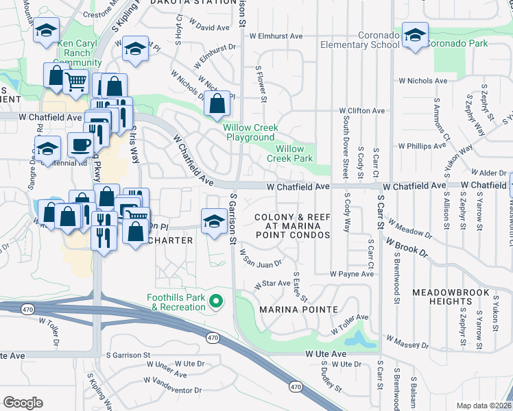 map of restaurants, bars, coffee shops, grocery stores, and more near 9086 West Chatfield Drive in Littleton