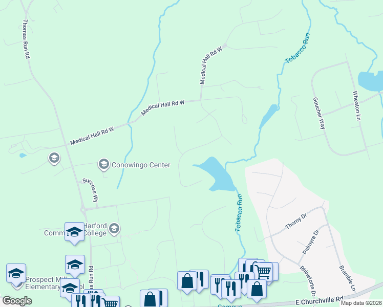 map of restaurants, bars, coffee shops, grocery stores, and more near 415 Campus Hills Drive in Bel Air