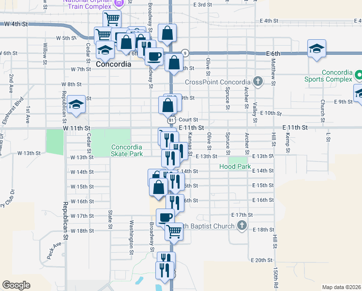 map of restaurants, bars, coffee shops, grocery stores, and more near 220-298 East 12th Street in Concordia
