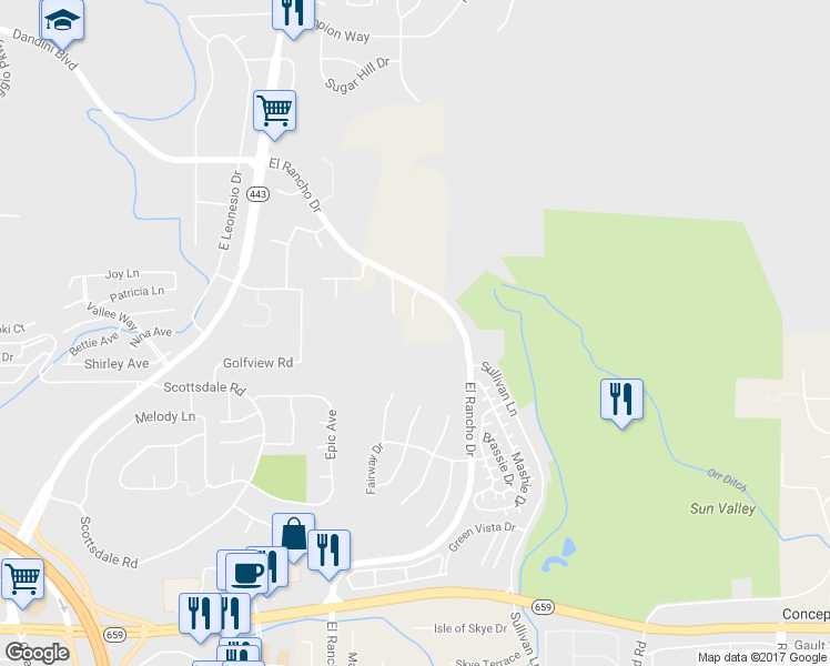 map of restaurants, bars, coffee shops, grocery stores, and more near 3575 El Rancho Drive in Sun Valley