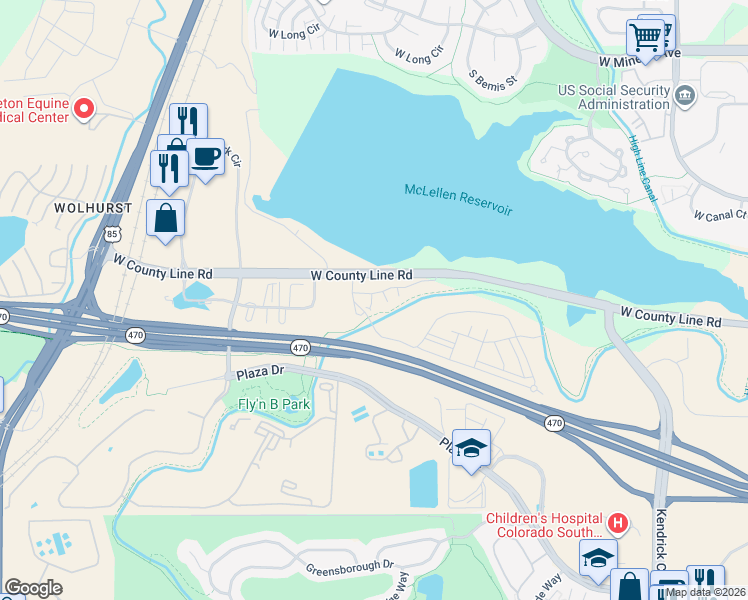 map of restaurants, bars, coffee shops, grocery stores, and more near 2663 Primo Road in Highlands Ranch