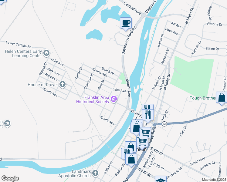 map of restaurants, bars, coffee shops, grocery stores, and more near 320 Lake Avenue in Franklin