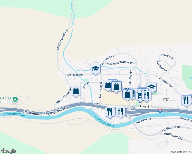 map of restaurants, bars, coffee shops, grocery stores, and more near 195 Center Drive in Glenwood Springs