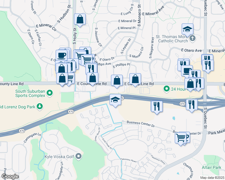 map of restaurants, bars, coffee shops, grocery stores, and more near 6086 East County Line Road in Littleton