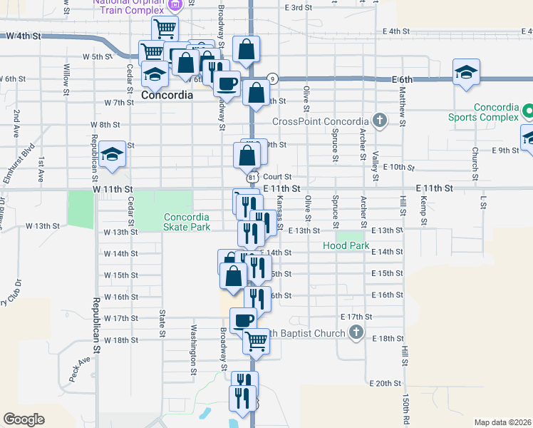 map of restaurants, bars, coffee shops, grocery stores, and more near 220 East 12th Street in Concordia