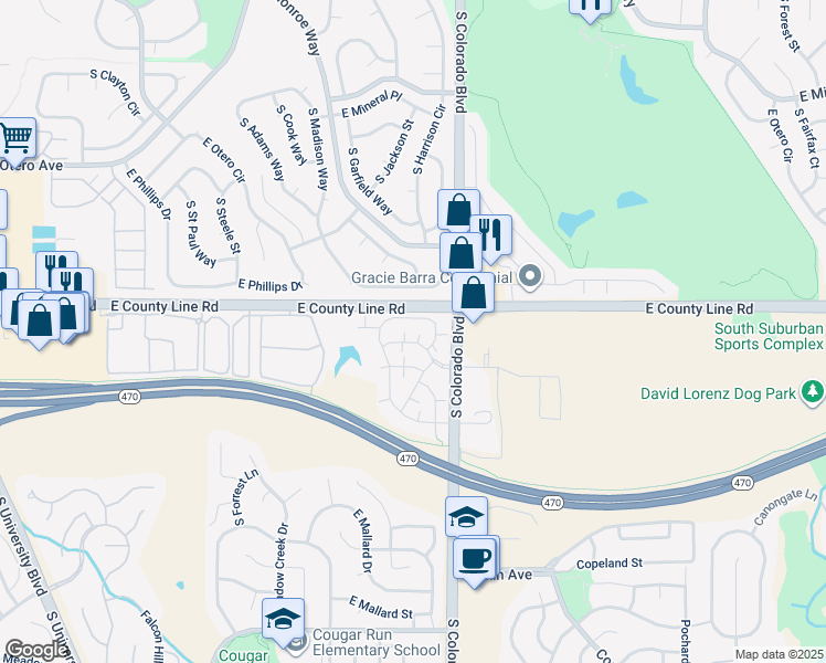map of restaurants, bars, coffee shops, grocery stores, and more near 8312 Pebble Creek Way in Littleton