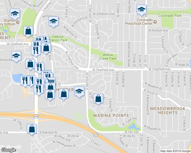 map of restaurants, bars, coffee shops, grocery stores, and more near 8350 South Flower Way in Littleton