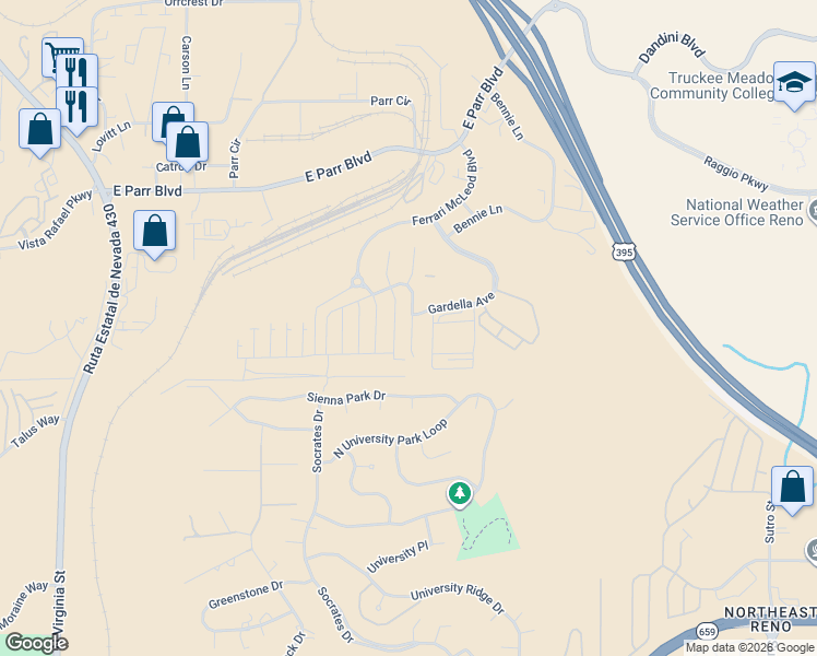 map of restaurants, bars, coffee shops, grocery stores, and more near 3690 Coastal Street in Reno