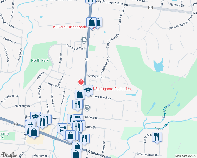 map of restaurants, bars, coffee shops, grocery stores, and more near 10 Southfield Court in Springboro