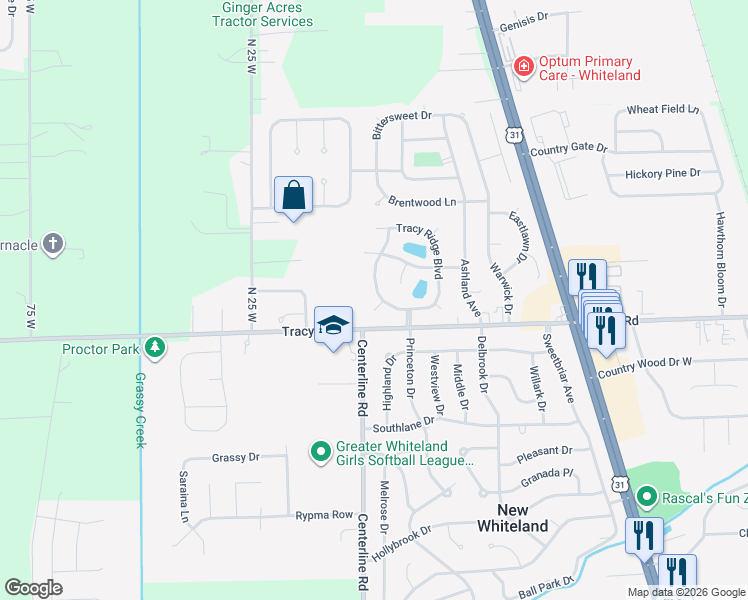 map of restaurants, bars, coffee shops, grocery stores, and more near 122 Tracy Ridge Boulevard in Whiteland