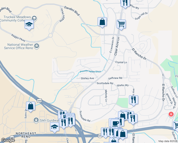 map of restaurants, bars, coffee shops, grocery stores, and more near 3792 Bettie Avenue in Reno