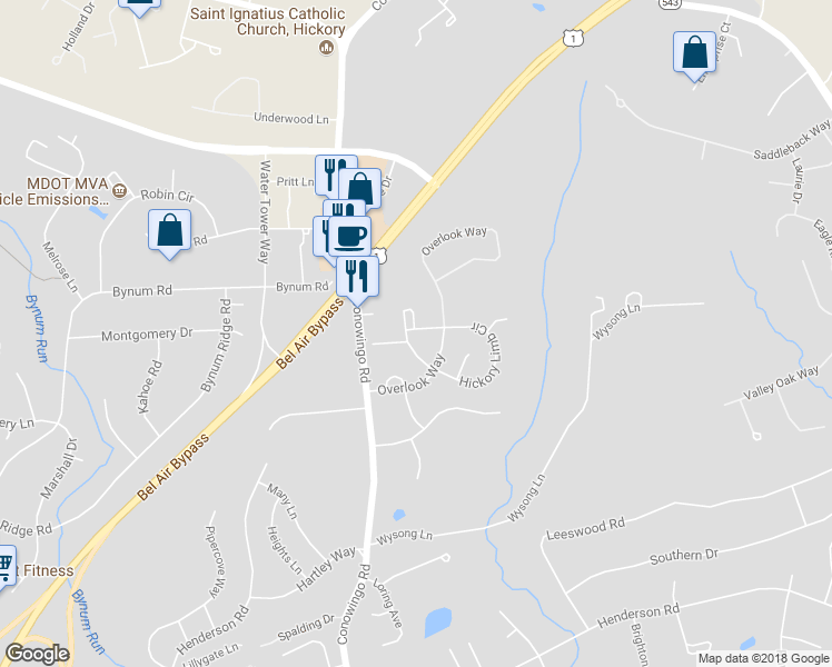 map of restaurants, bars, coffee shops, grocery stores, and more near 1331 Roman Ridge Way in Bel Air