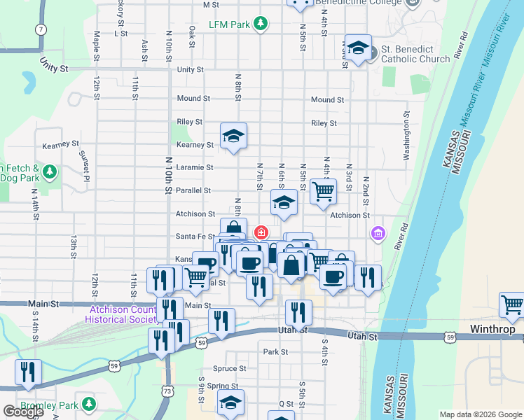 map of restaurants, bars, coffee shops, grocery stores, and more near 625 Atchison Street in Atchison