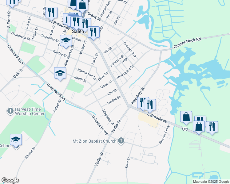 map of restaurants, bars, coffee shops, grocery stores, and more near 6 Elm Street in Salem