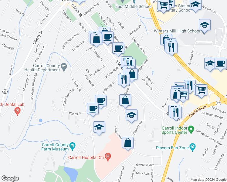 map of restaurants, bars, coffee shops, grocery stores, and more near 26 Carroll View Avenue in Westminster