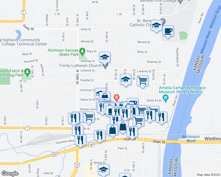 map of restaurants, bars, coffee shops, grocery stores, and more near 715 Atchison Street in Atchison