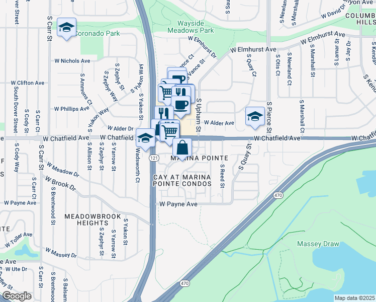 map of restaurants, bars, coffee shops, grocery stores, and more near 8321 South Upham Way in Littleton