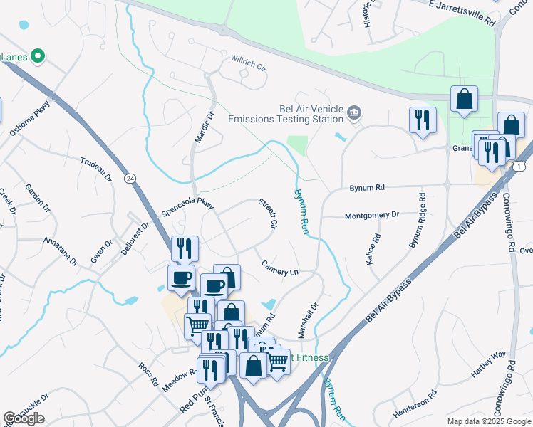 map of restaurants, bars, coffee shops, grocery stores, and more near 326 Streett Circle in Forest Hill