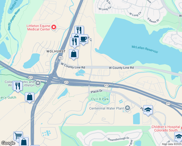 map of restaurants, bars, coffee shops, grocery stores, and more near South Erickson Boulevard in Littleton