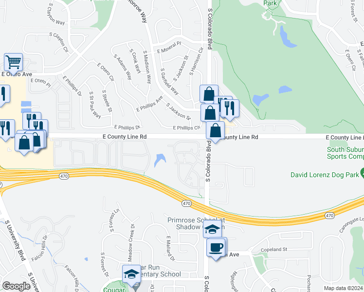 map of restaurants, bars, coffee shops, grocery stores, and more near 8358 Pebble Creek Way in Littleton
