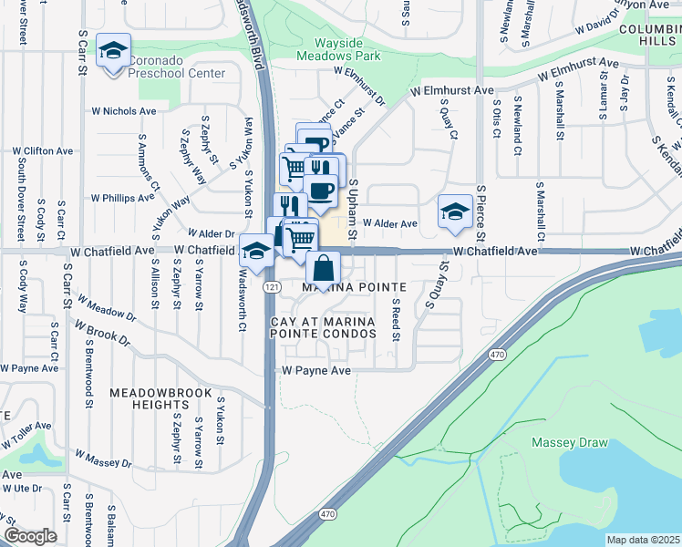 map of restaurants, bars, coffee shops, grocery stores, and more near in Columbine