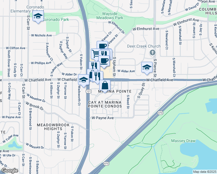 map of restaurants, bars, coffee shops, grocery stores, and more near 8321 South Upham Way in Littleton